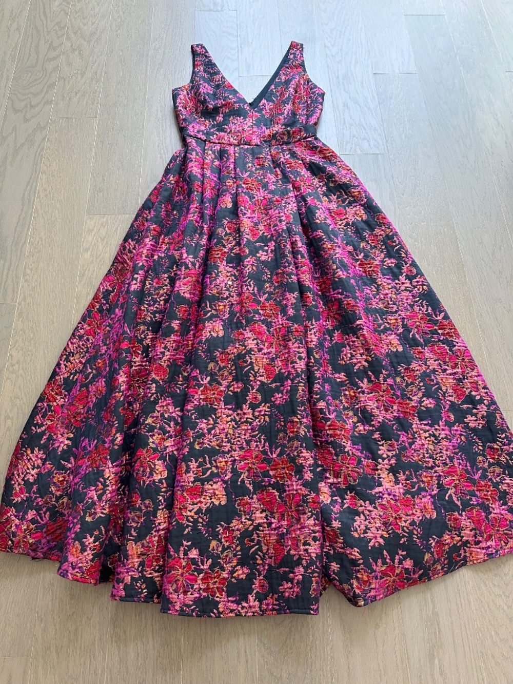 Badgley Mischka Pink Floral Jacquard Brocade Gown Maxi Dress Plunge - Size 2 - Picture 5 of 10